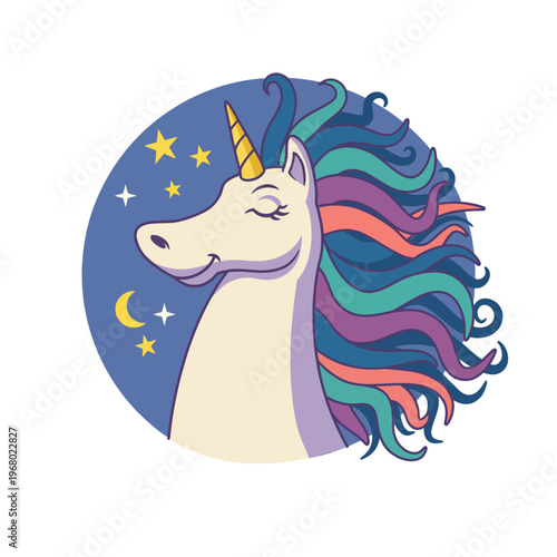 A serene unicorn with a flowing, colorful mane gazes peacefully against a night sky filled with stars and a crescent moon, capturing the essence of magic and beauty in illustration.