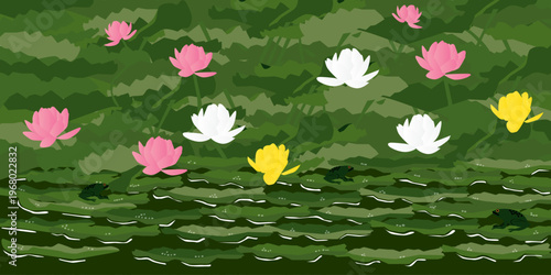 pink, white and yellow lotus with frogs in a pond