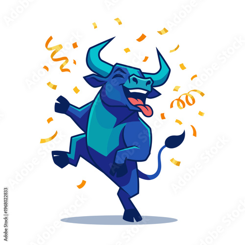 This lively illustration of a dancing bull surrounded by confetti captures a sense of celebration and joy, perfect for conveying excitement and festive spirit.