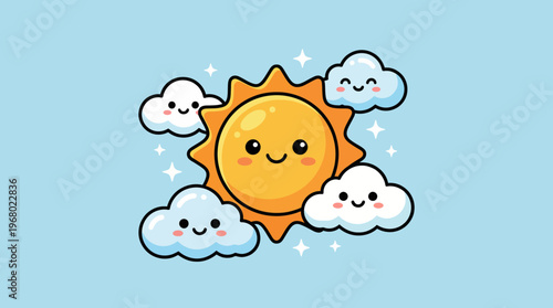 This adorable illustration features a smiling sun surrounded by happy clouds, delivering a bright and cheerful atmosphere perfect for sunshine lovers and positive vibes.
