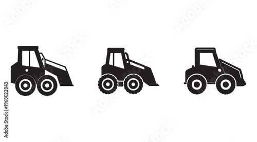 Three black silhouettes of different wheel loaders or frontend loaders in various positions and angles for construction or industrial use  side views