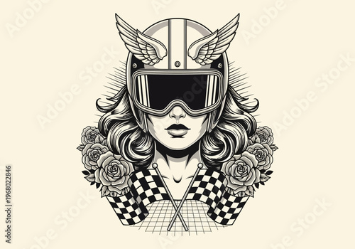 Vintage Biker Girl Illustration with Winged Helmet, Roses, and Checkered Flags - Retro Motorcycle Tattoo Style Vector Art