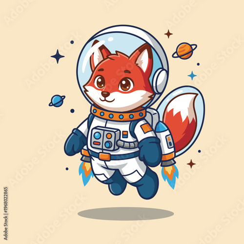 This adorable image features a cheerful fox dressed as an astronaut, floating in space surrounded by stars and planets, representing adventure and curiosity in the universe.