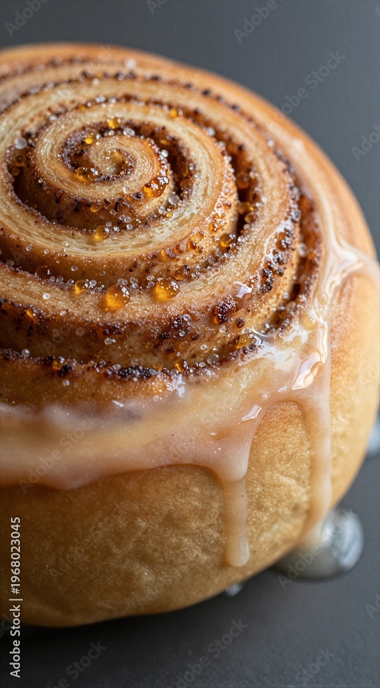 Fototapeta premium Close up cinnamon roll with glaze dripping on dark surface