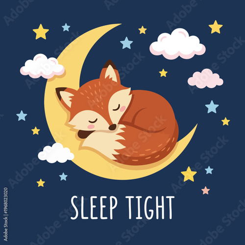 A sweet illustration of a fox peacefully sleeping on a crescent moon surrounded by stars, creating a serene and dreamy atmosphere perfect for a bedtime theme.