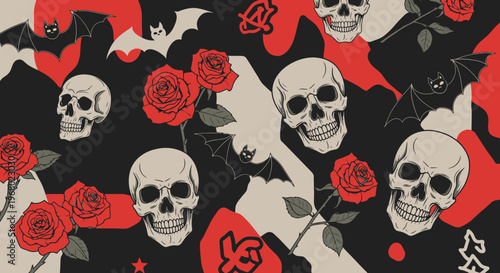 Edgy Gothic Pattern with Human Skulls, Red Roses, and Bats on Abstract Camouflage Background