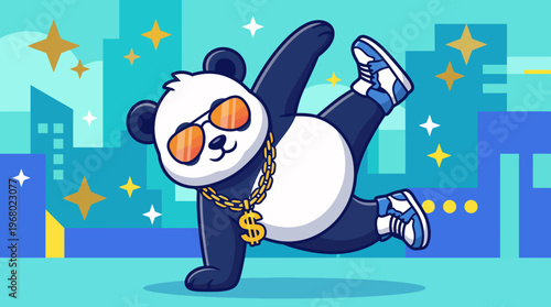 A trendy panda showcasing its stylish breakdancing moves, adorned with sunglasses and bling, embodies the spirit of fun and urban culture in a vibrant city backdrop.