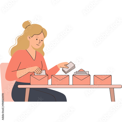 Woman sitting at a table, sealing and sorting envelopes for mailing