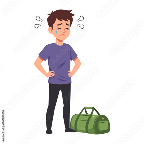 cartoon man with sweating and duffel bag isolated on transparent background