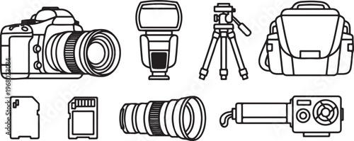 Assorted vintage and retro objects including a camera, radio, and tools Vector