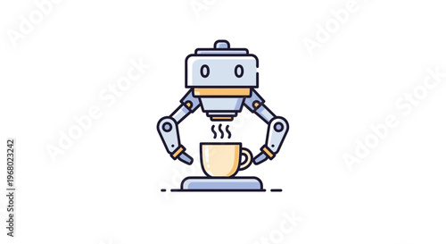 Cute robot character holding coffee cup.