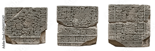 Foto Set and collection of ancient Mayan stone hieroglyphics and carved stela fragmen