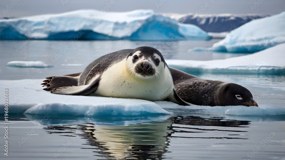 Obraz premium Two seals resting close together on bright blue and white ice slab in cold ocean
