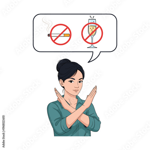 Woman refusing cigarette and alcohol isolated on transparent background