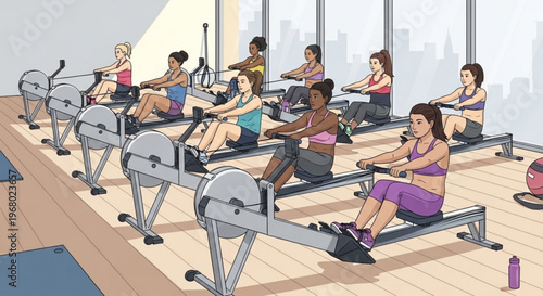 Diverse women exercising on rowing machines in a modern gym with city view