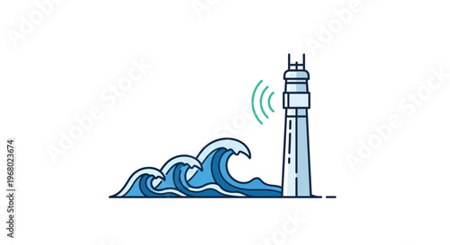 Lighthouse standing tall by ocean waves.