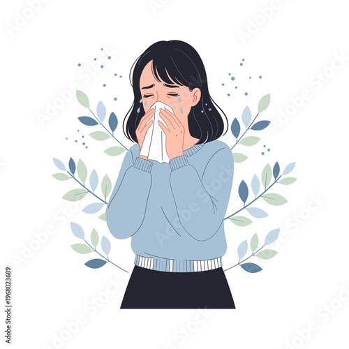 Woman blowing nose in tissue with leaves isolated on transparent background