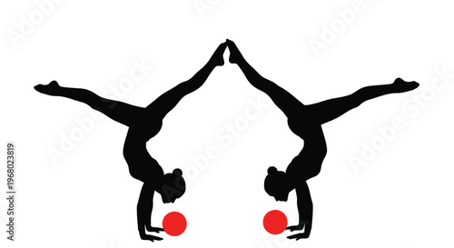 Symmetrical vector illustration of two rhythmic gymnasts performing a handstand with red balls.