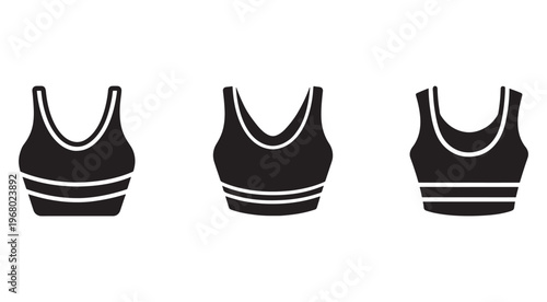 Three black sports bras with white stripes on white background  athletic wear design elements