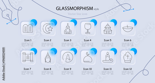 Religion spirituality faith symbols set icon. Line symbols with stone tablets commandments, crescent moon star, church building cross, chalice cup, pagoda temple, incense bowl, scroll scripture.