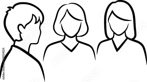 Simple black and white line of people in profile facing left and forward group