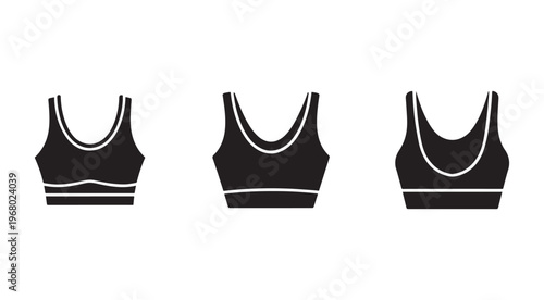 Three black sports bras with white trim and stripes on white background  athletic wear for women in different views