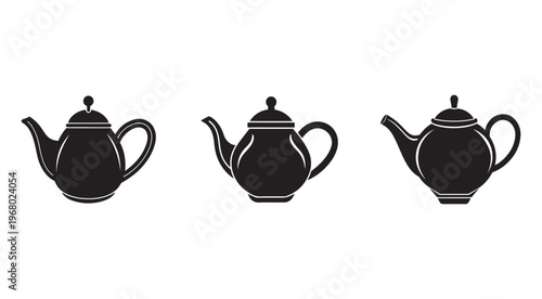 Three black teapot silhouettes in different shapes and designs on white background  tea pots with lids and handles