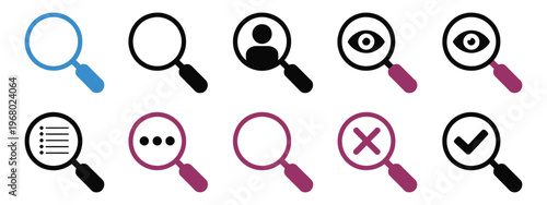 Magnifying glass icons representing search and discovery in various styles and colors, ideal for web design, user interfaces, digital navigation, and modern flat vector illustration for apps and 