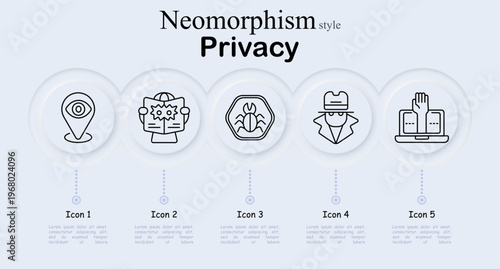Privacy set icon. Neomorphism style interface with eye location marker, person holding gear document, bug inside shield badge, masked detective figure, laptop with raised hand blocking screen