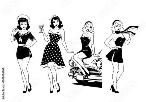 Set of Vintage Pin-up Girls Illustration, Retro 1950s Style Women in Monochrome Line Art, Sailor Girl, Polka Dot Dress, Martini Glass, and Classic Car