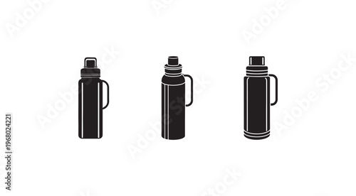 Three black thermoses with different lid designs and handles on white background  thermal bottles for hot and cold drinks