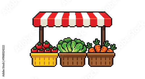 A pixel art vector illustration of a market stall featuring a red and white awning above crates filled with tomatoes, lettuce, and carrots.