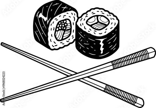 Black and white of sushi rolls with crossed chopsticks a white background maki food