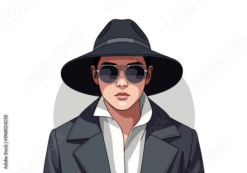 Mysterious Man in Trench Coat and Fedora - Vector Illustration of a Noir Detective with Sunglasses