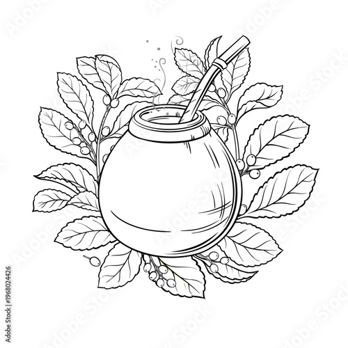 Mate Tea in Calabash and Yerba Mate Branch Outline Illustration. Vector isolated for Design and Decoration for Cafeteria, Posters, Banners, Cards.