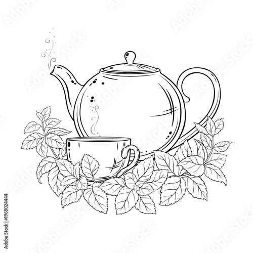 Melissa Tea in Teapot aroma beverage Outline Illustration. Vector isolated for Design and Decoration for Cafeteria, Posters, Banners, Cards.