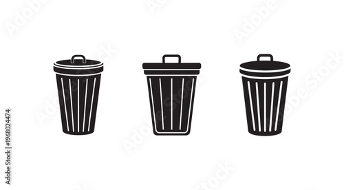 Three black trash cans with lids and handles  different shapes and sizes  waste bins  garbage containers  recycling symbols