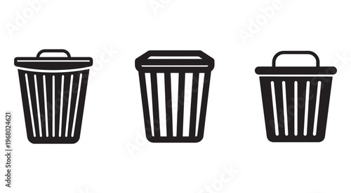 Three black trash cans with lids and handles in different shapes and sizes  waste management symbols