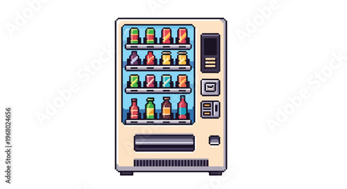 A retro-style pixel art illustration of a cream-colored vending machine filled with various colorful canned and bottled beverages on its shelves.