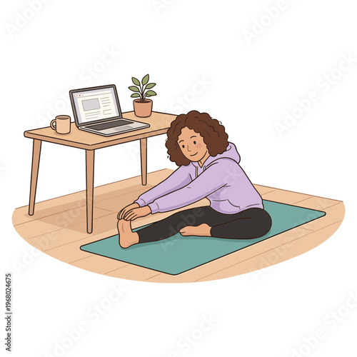 Woman stretching on yoga mat in front of laptop at home desk