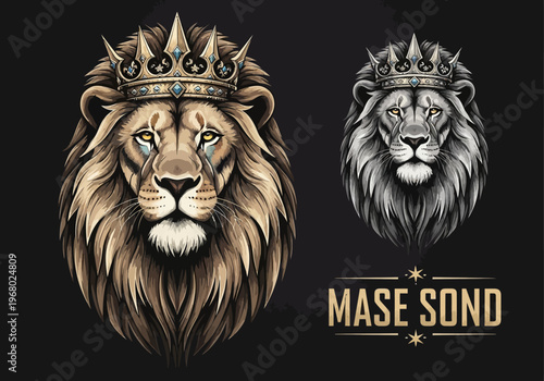Majestic Lion King Head Portrait with Golden Crown - Regal Heraldic Mascot Design for Logo, Branding, and Sports Team Apparel