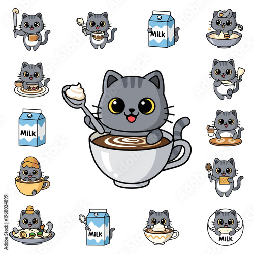 Cartoon cat enjoying coffee and milk isolated on transparent background