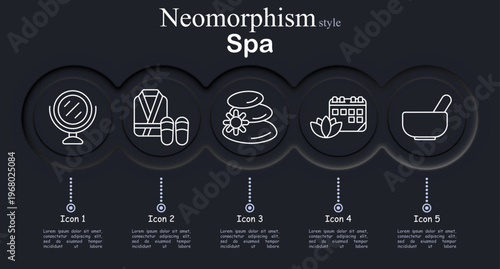 Spa set icon. Neomorphic dark interface circles with line symbols of cosmetic mirror stand, bathrobe slippers set, massage stones flower, spa calendar lotus, herbal mortar bowl