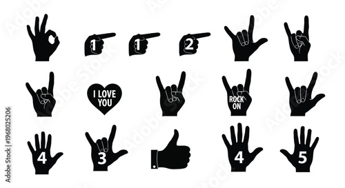 Versatile vector illustration set showcasing various hand gestures, numbers, and expressive communication symbols design.