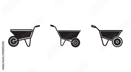 Three black wheelbarrows with one wheel and handles in different positions on white background  simple icons