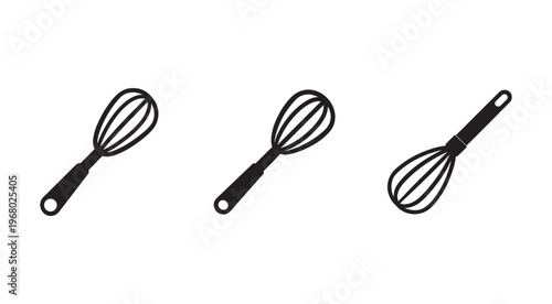 Three black whisk icons in different positions on white background for cooking and baking illustration  kitchen utensils