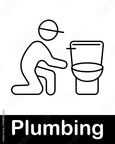 Plumber repairing toilet line icon representing plumbing service, maintenance and sanitation concept in minimal outline vector style
