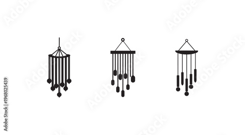 Three black wind chime designs with different shapes and hanging objects
