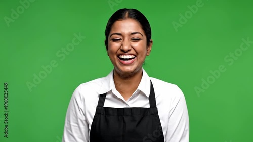 Smiling woman in white shirt and apron laughing against green background