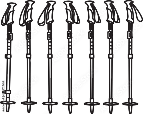 Seven stylized metal hooks with intricate geometric patterns and curved tops Vector